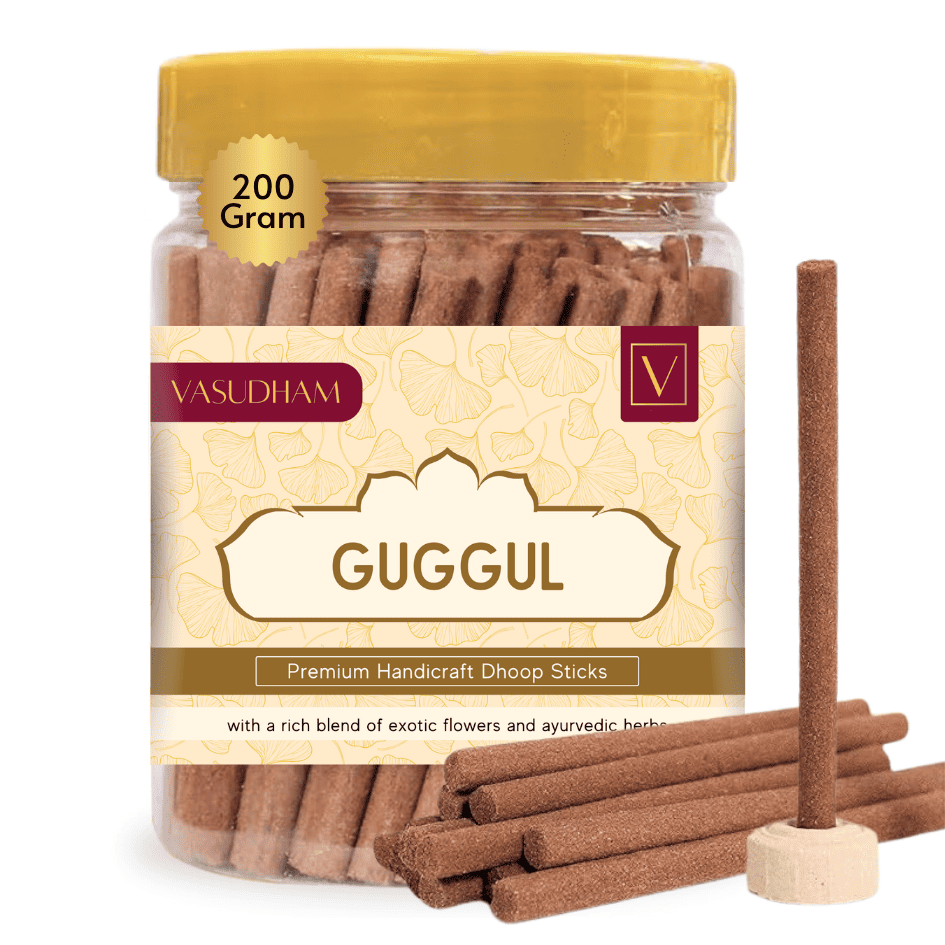 Jar of Vasudham Guggul doop sticks with a yellow lid on a white background