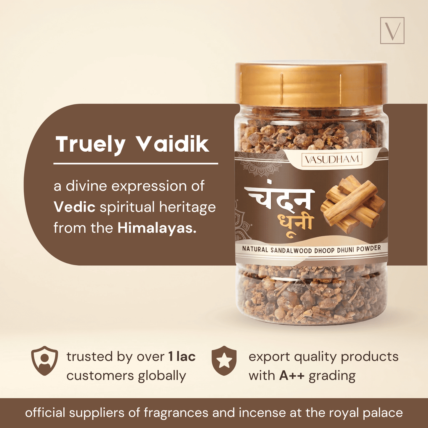 Jar of sandalwood dhoop with 'Truely Vaidik' branding on a beige background