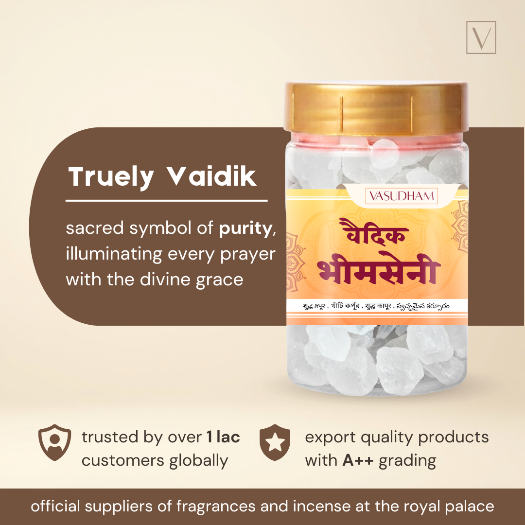 A jar of Vasudham Truely Vaidik Bhimseni camphor, shown on a beige background with promotional text overlays.