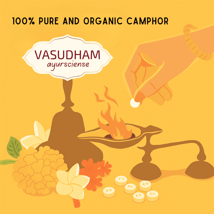Illustration of a hand lighting a flame with 'Vasudham' branding on a yellow background.