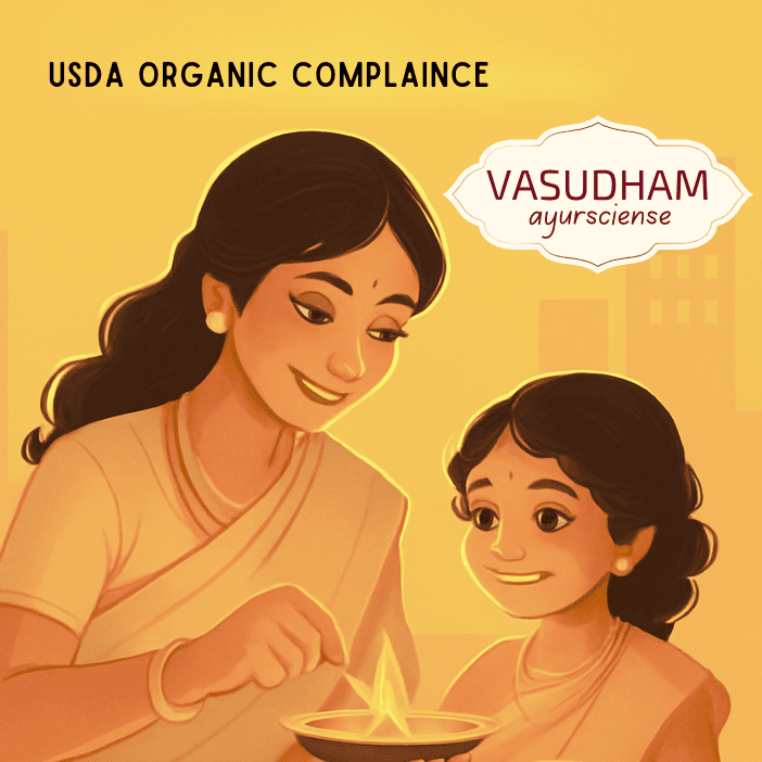 Illustration of a woman and a child with 'Vasudham ayursciense' on a yellow background