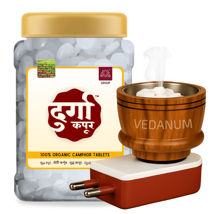 Jar of organic camphor tablets with a wooden burner on a white background