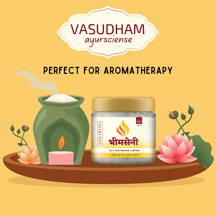 Vasudham Ayurvedic product with a candle and flowers on a yellow background