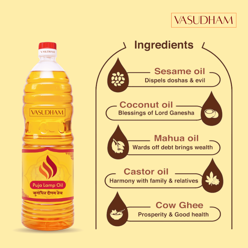 Vasudham deepam oil bottle with ingredients listed on a yellow background
