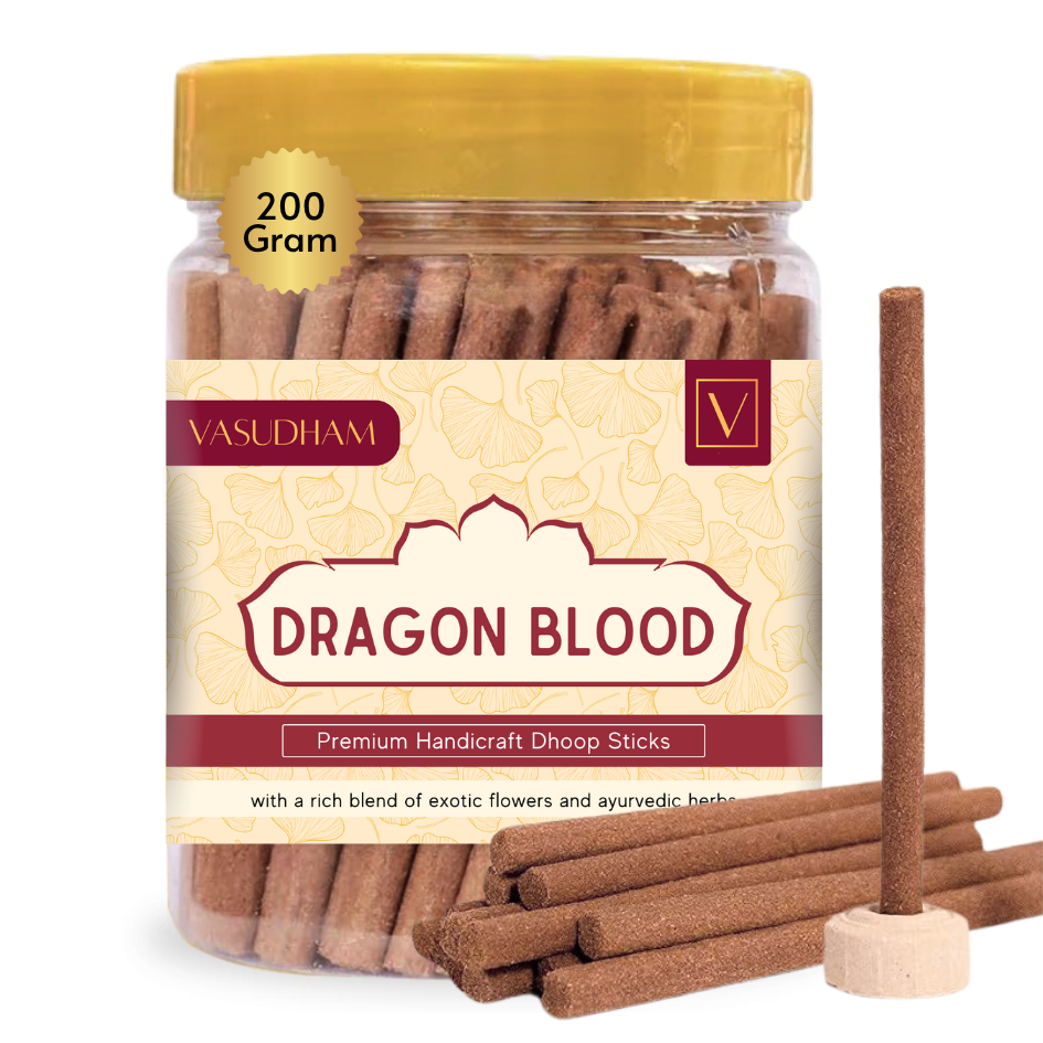 Jar of Vasudham Dragon Blood incense sticks with a yellow lid on a white background