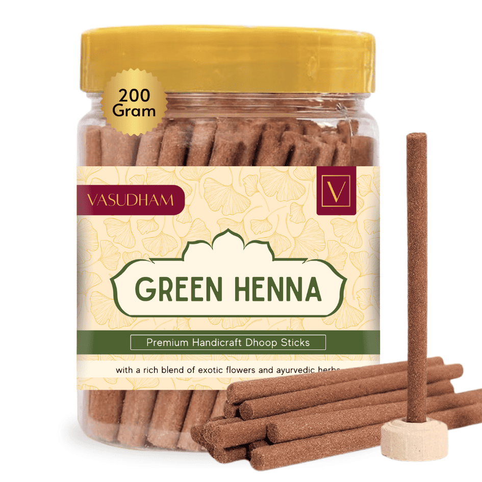 Jar of Vasudham Green Henna doop sticks with a yellow lid on a white background