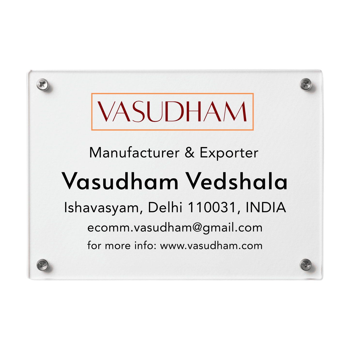 Clear acrylic sign with Vasudham branding and contact information on a white background