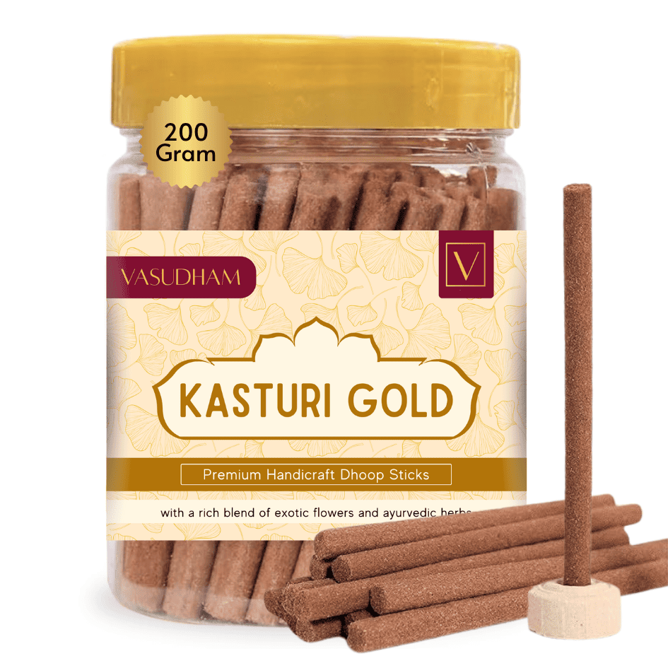 Jar of Vasudham Kasturi Gold doop sticks with a yellow lid on a white background