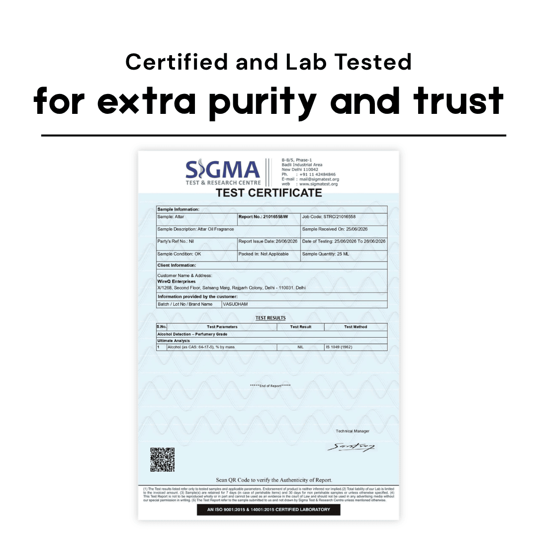 A Sigma test certificate document shown on a white background with the headline 'Certified and Lab Tested for extra purity and trust' above it.