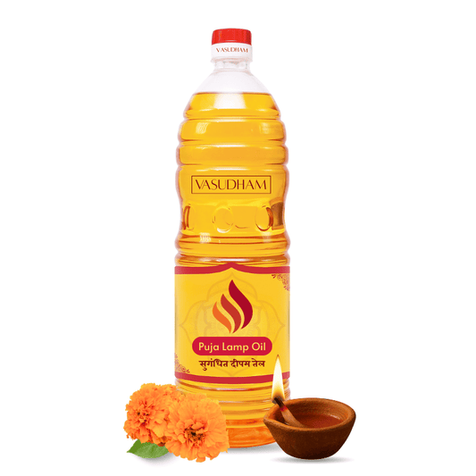 Bottle of Vasudham Puja Lamp Oil with a flame symbol on a white background