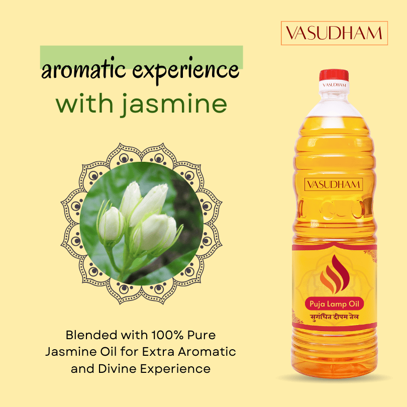 Vasudham Jasmine puja oil bottle with text on a yellow background