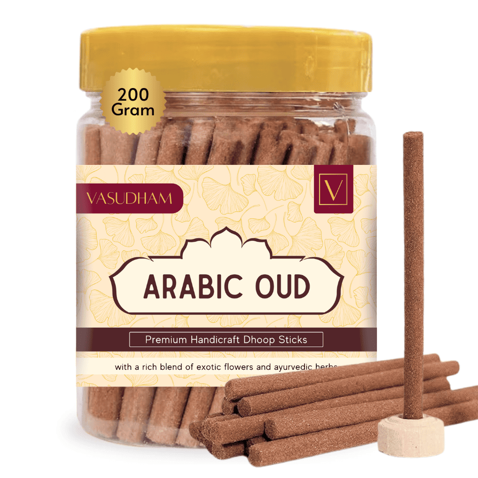Jar of Vasudham Arabic Oud incense sticks with a yellow lid on a white background