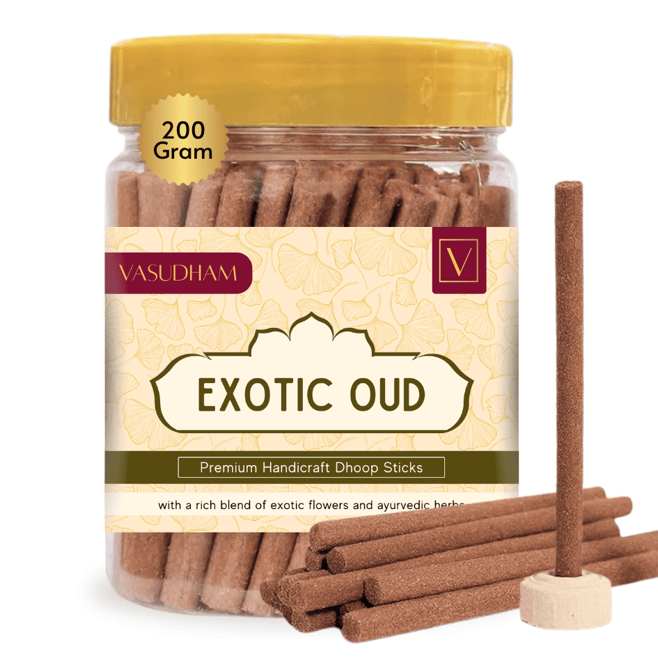 Jar of Vasudham Exotic Oud doop sticks with a few sticks displayed in front on a white background.