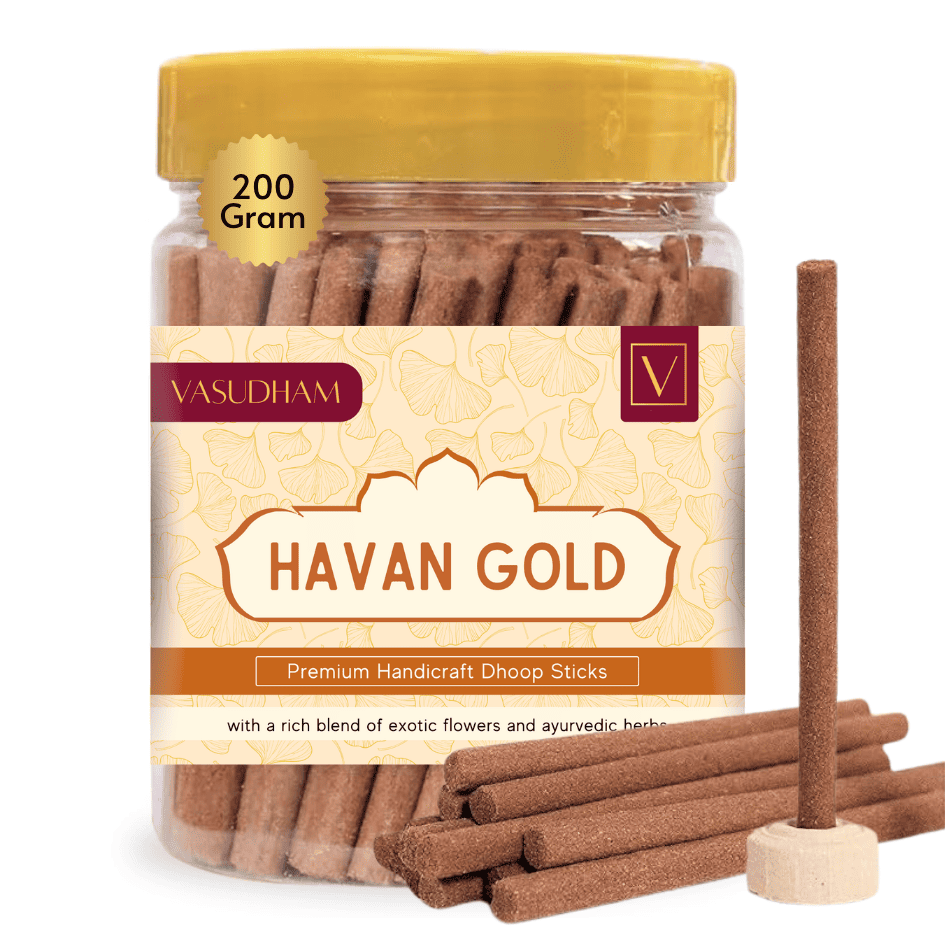 Jar of Vasudham Havan Gold doop sticks with a yellow lid on a white background
