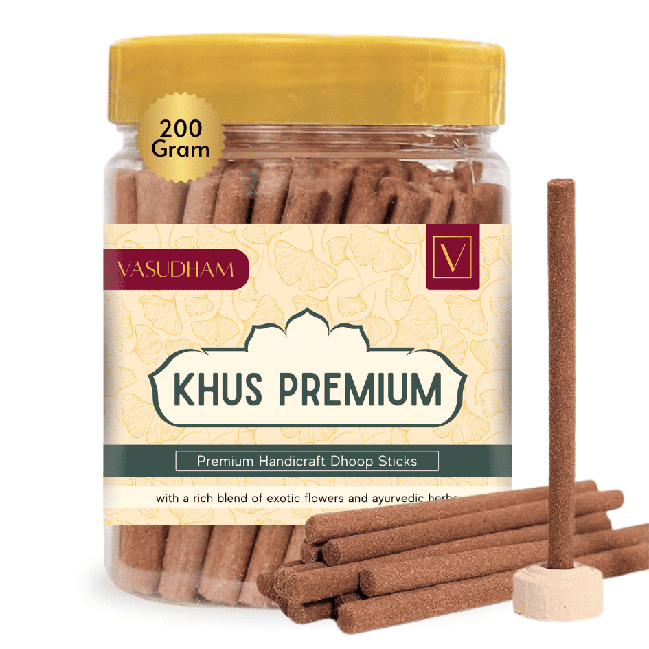 Jar of Khus Premium doop sticks with a yellow lid and visible label on a white background