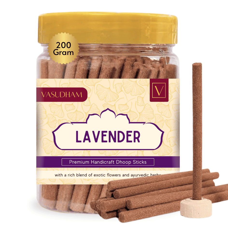 Jar of Vasudham lavender doop sticks with a yellow lid on a white background
