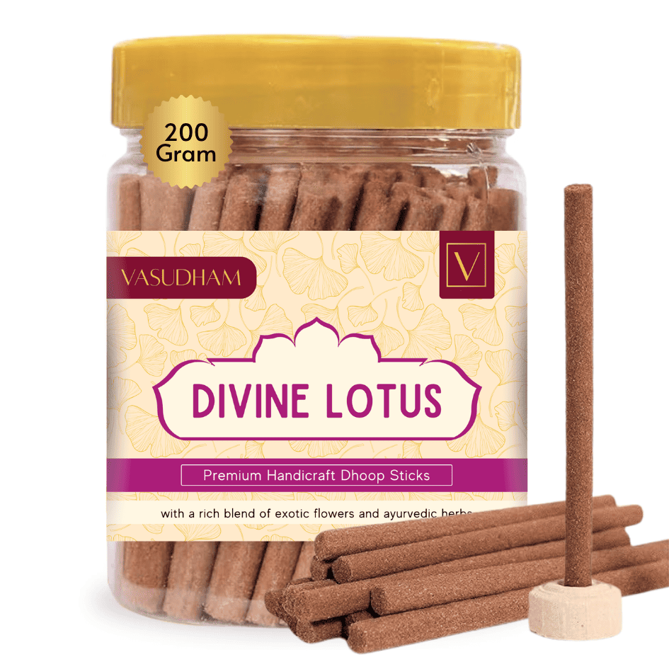 Jar of Vasudham Divine Lotus incense sticks with a few sticks displayed in front on a white background.