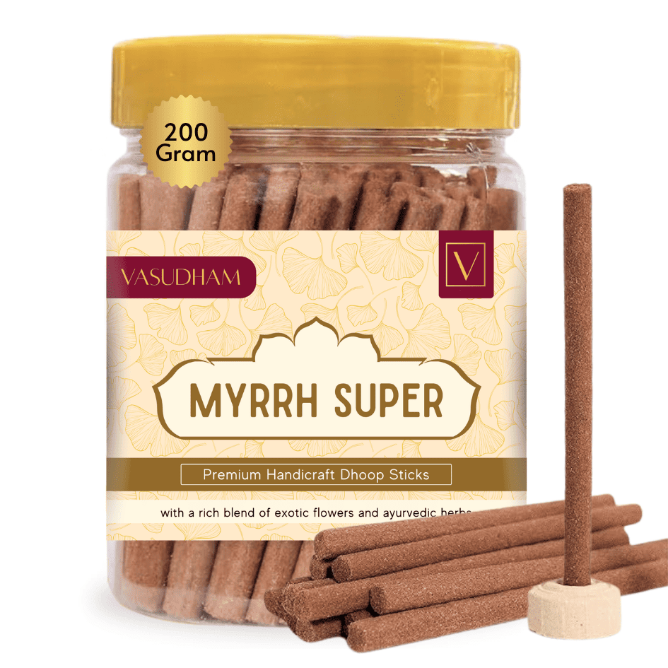 Jar of Vasudham Myrrh Super incense sticks with a yellow lid on a white background