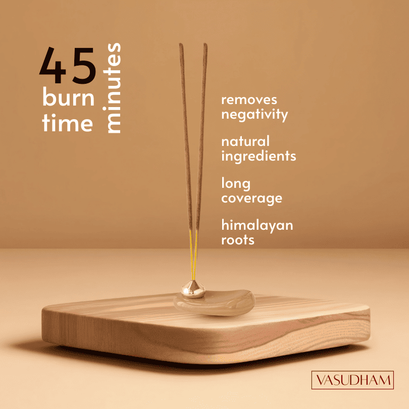 Incense burner with incense stick on a beige background, featuring text about burn time and ingredients.