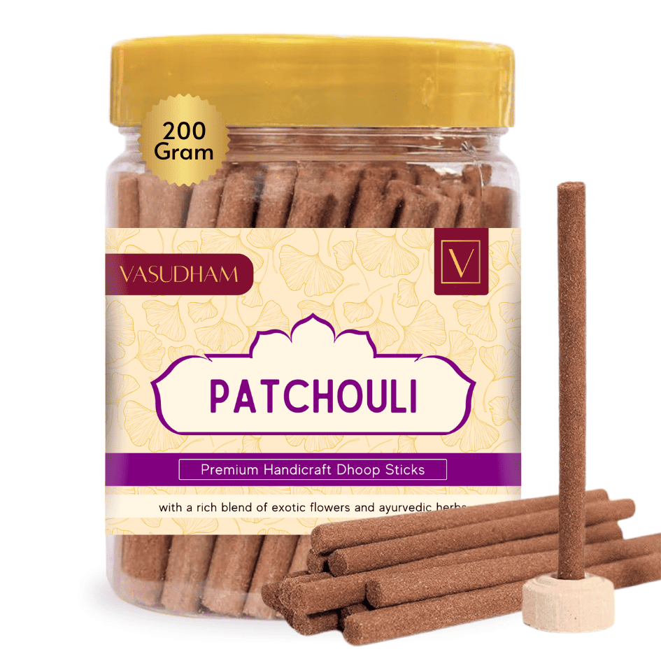 Jar of Vasudham Patchouli Dhoop Sticks with a yellow lid and visible sticks on a white background