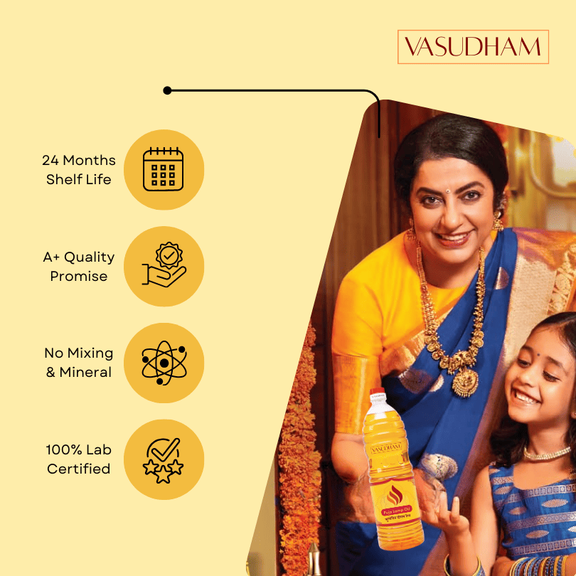 Woman and child holding a bottle of 'Vasudham' lamp oil product with brand name displayed.