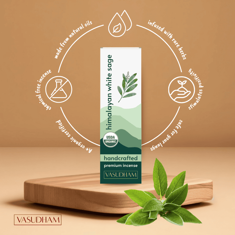 Vasudham Himalayan white sage incense packaging on a wooden stand with green leaves.