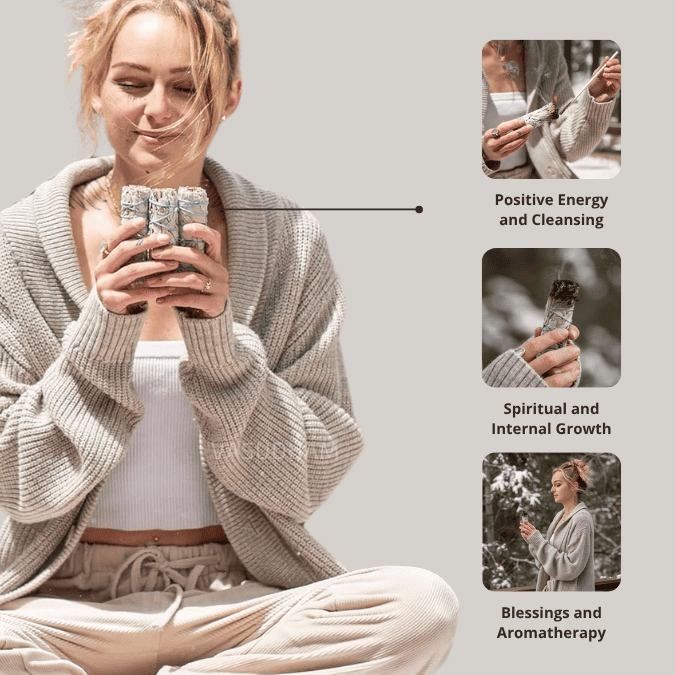Woman holding a white sage with text on positive energy, spiritual growth, and aromatherapy.