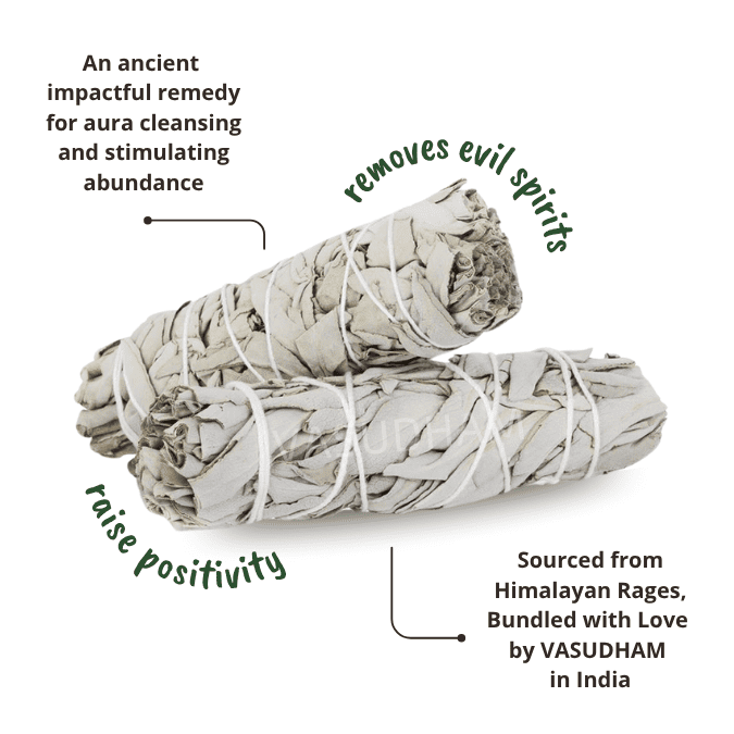 Two rolled sage smudge sticks with text describing their uses on a white background