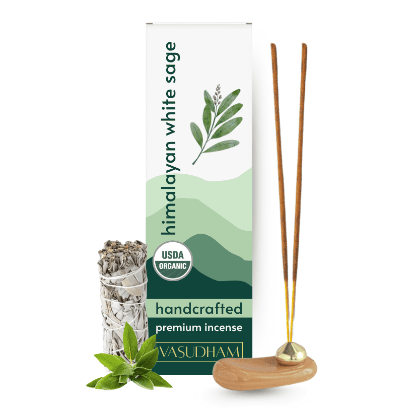 Himalayan white sage incense set with packaging on a white background