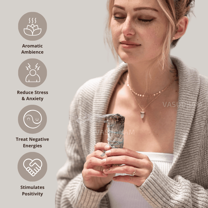 Woman holding a white sage with text on aromatherapy benefits on a light gray background