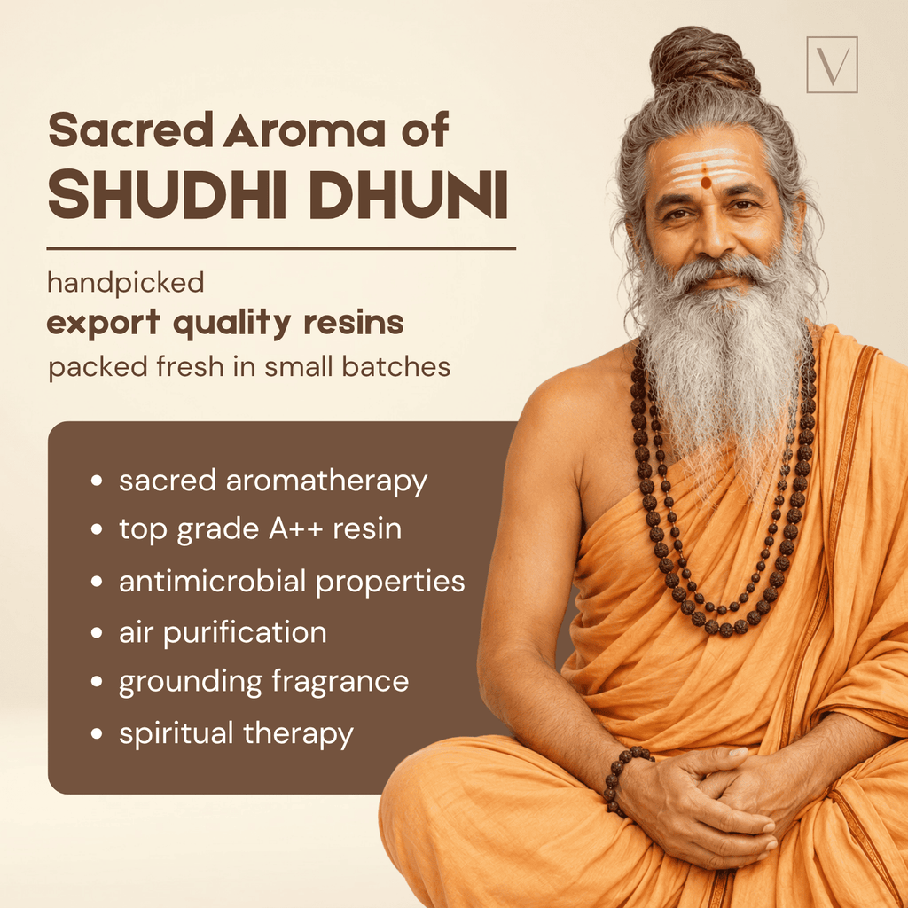 Man in orange robes with a long white beard, sitting and holding beads, with text about 'Sacred Aroma of Shudhi Dhuni' on a beige background.