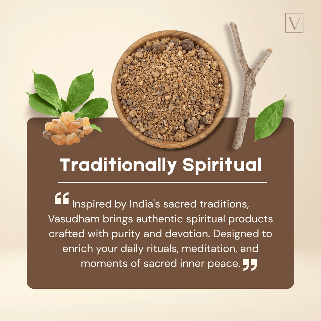 Wooden bowl with brown powder, leaves, and a stick on a beige background with text about Vasudham products.
