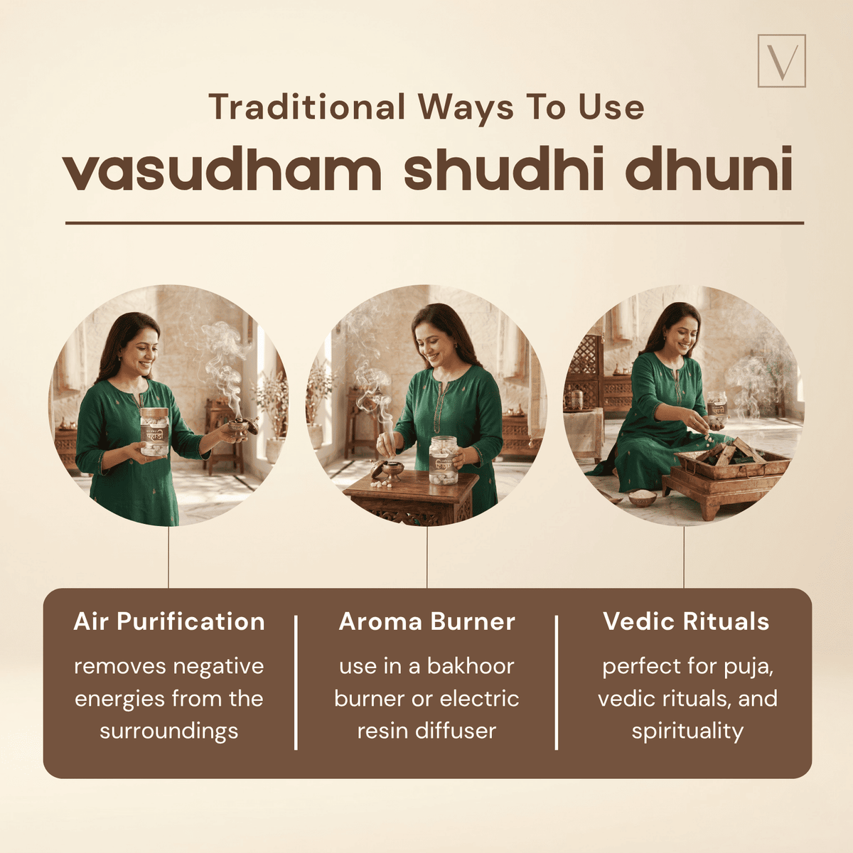 Promotional graphic for 'vasudham shudhi dhuni' with images of a woman using it and text on traditional uses.