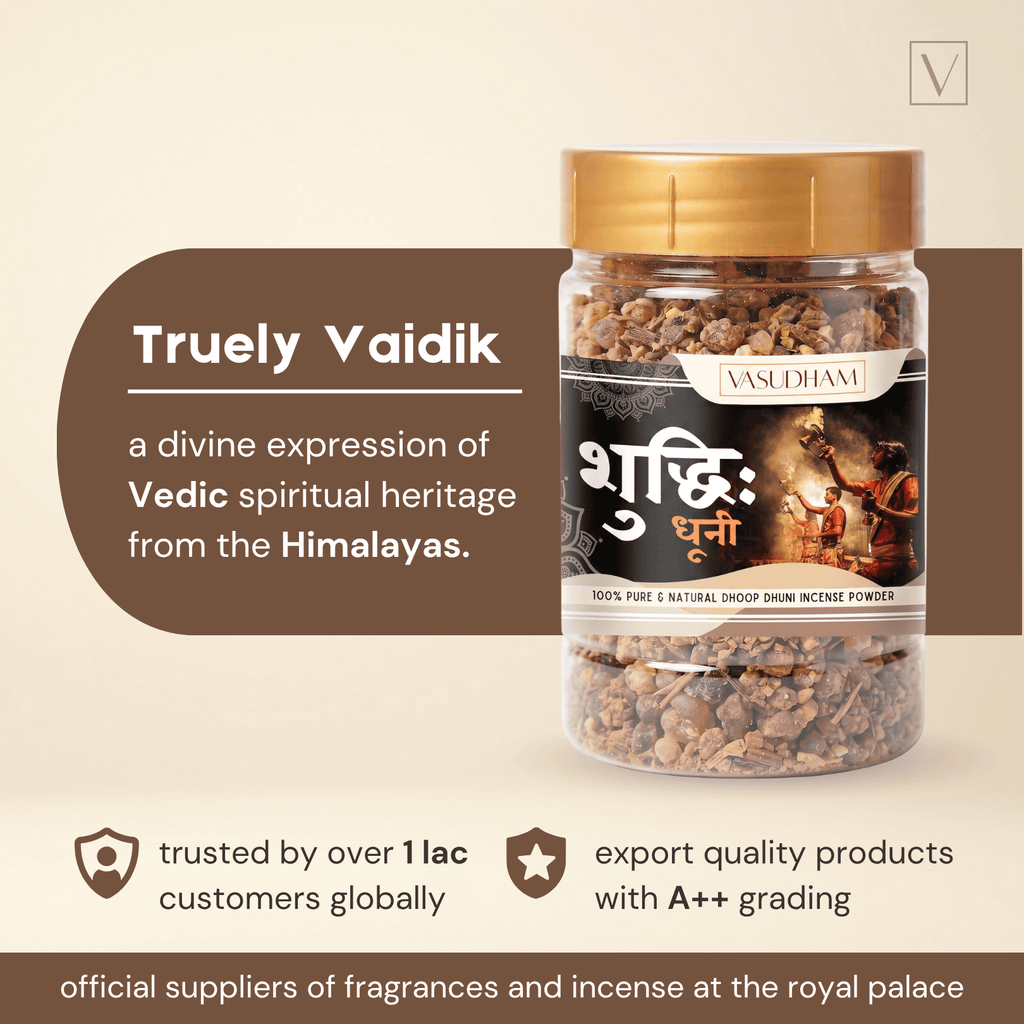 Jar of incense powder with 'Truely Vaidik' branding on a beige background