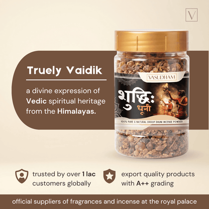 Jar of incense powder with 'Truely Vaidik' branding on a beige background