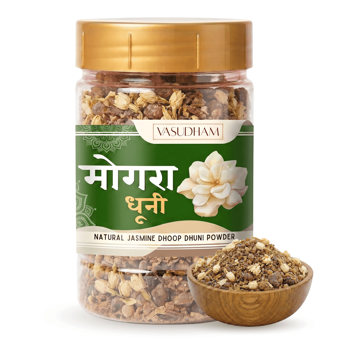 Jar of Vasudham Jasmine Dhoop Dhuni Powder with a wooden bowl filled with the product on a white background