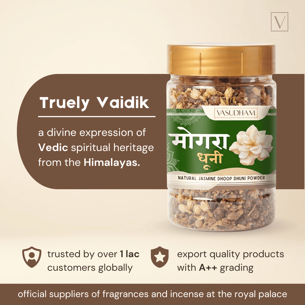 Vasudham incense product with text about Vedic heritage and quality on a beige background