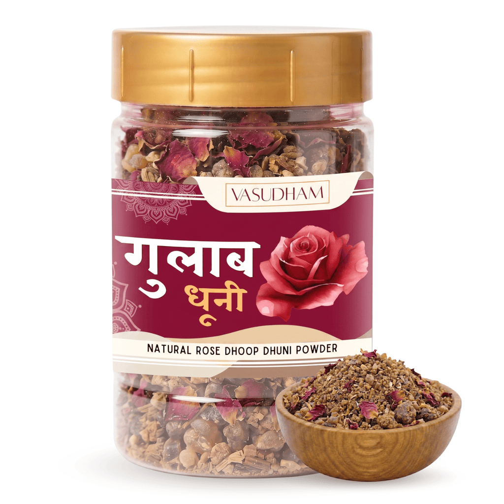 Jar of Yasudham natural rose dhoop dhuni powder with a wooden bowl of the product on a white background