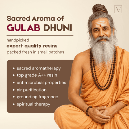Man in orange robes with text about 'Sacred Aroma of Gulab Dhuni' on a beige background