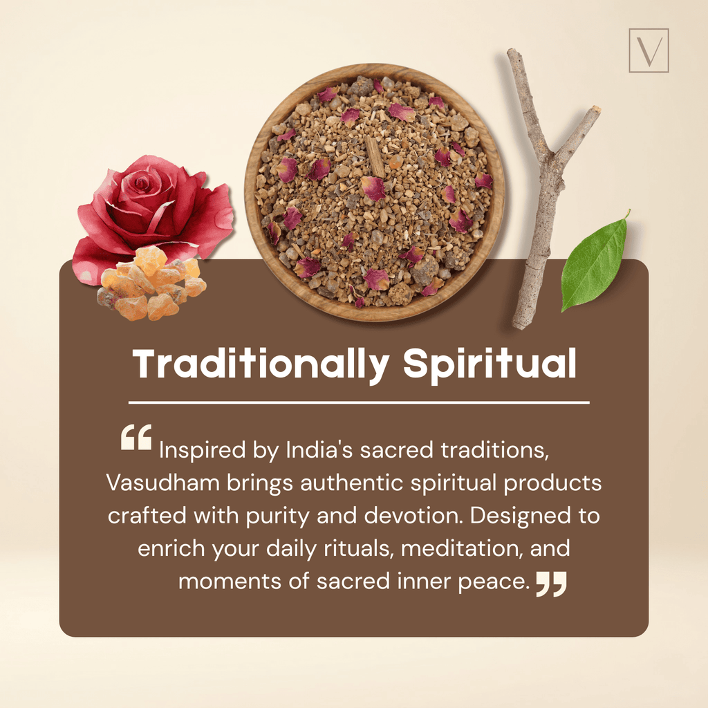 Product display with a bowl of herbs, rose, and leaf on a beige background with text about 'Traditionally Spiritual' products.