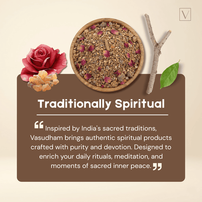Product display with a bowl of herbs, rose, and leaf on a beige background with text about 'Traditionally Spiritual' products.