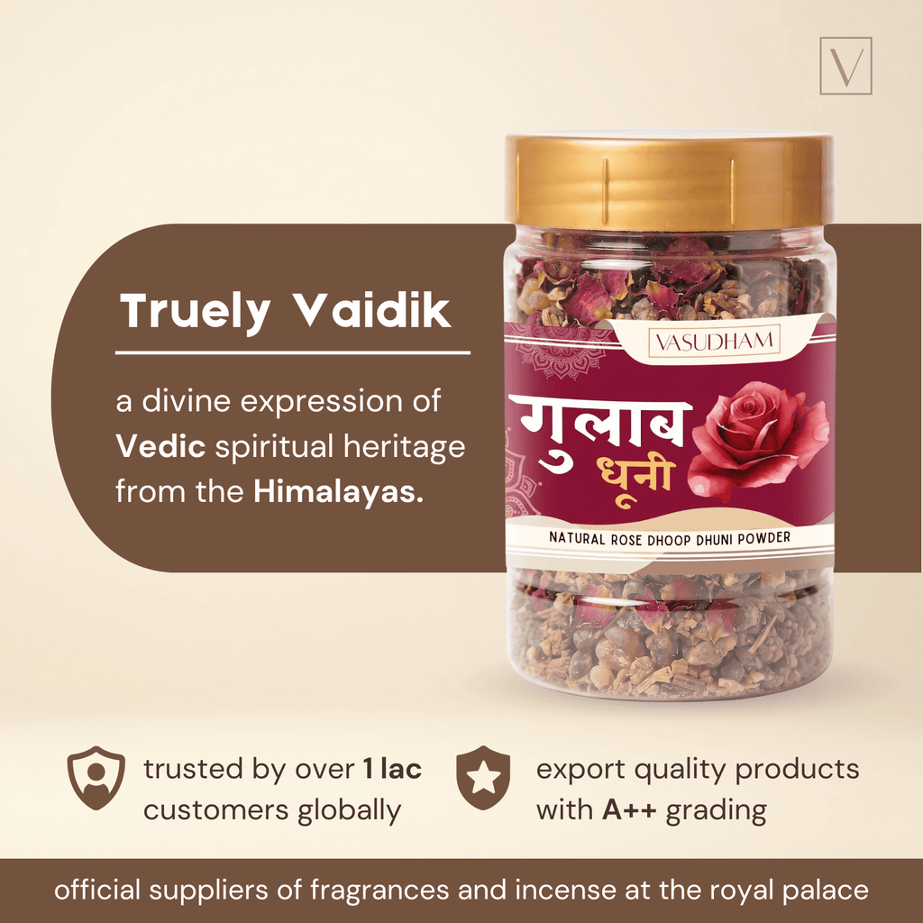 Jar of Vaidik incense with text about Vedic heritage and quality on a beige background
