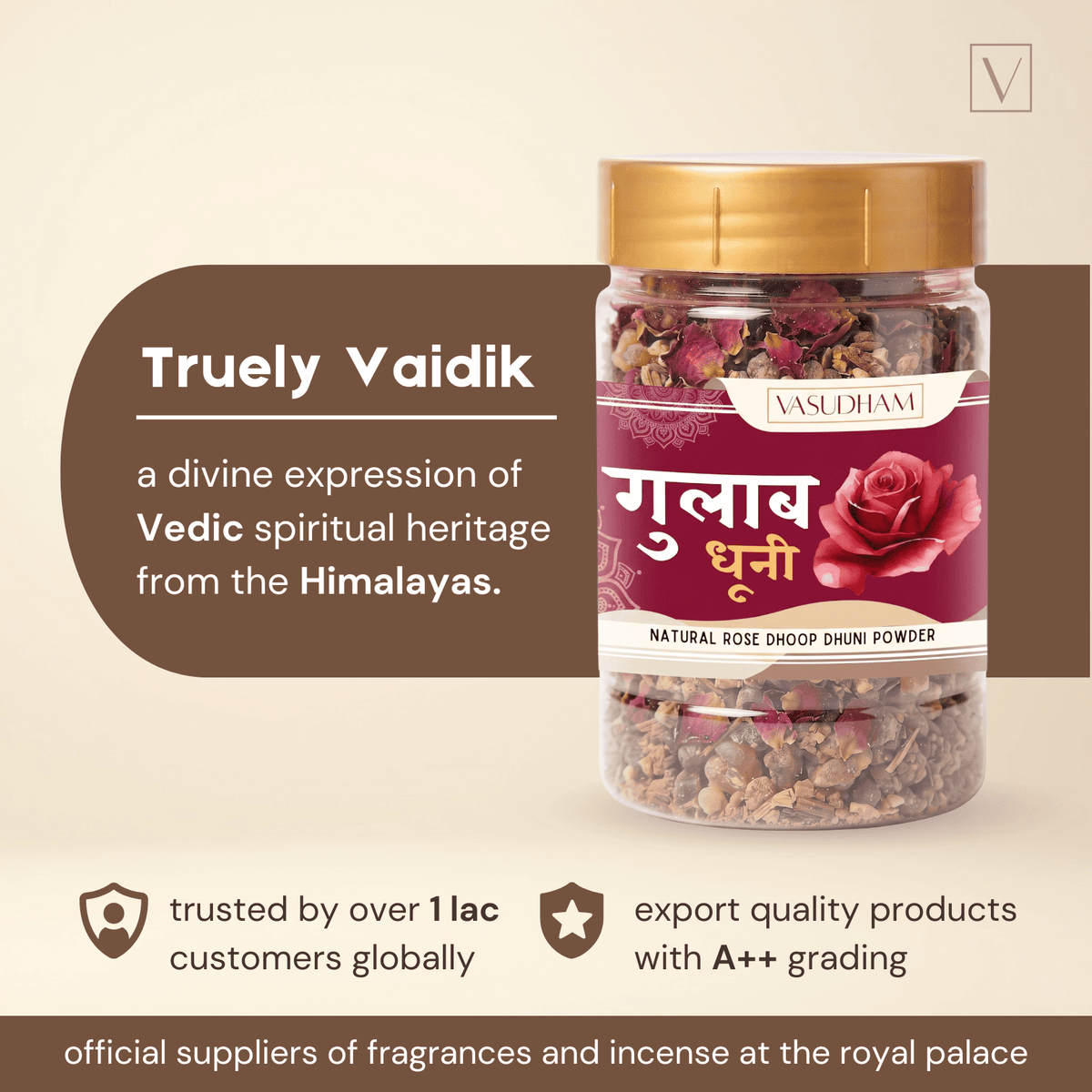 Jar of Vaidik incense with text about Vedic heritage and quality on a beige background