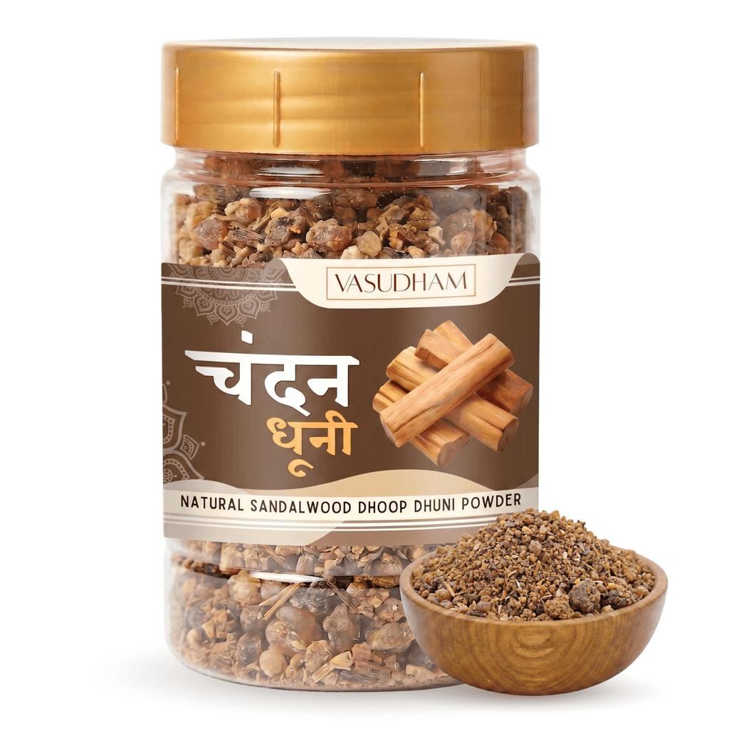 Jar of Yasudham sandalwood dhoop powder with a wooden bowl filled with powder on a white background