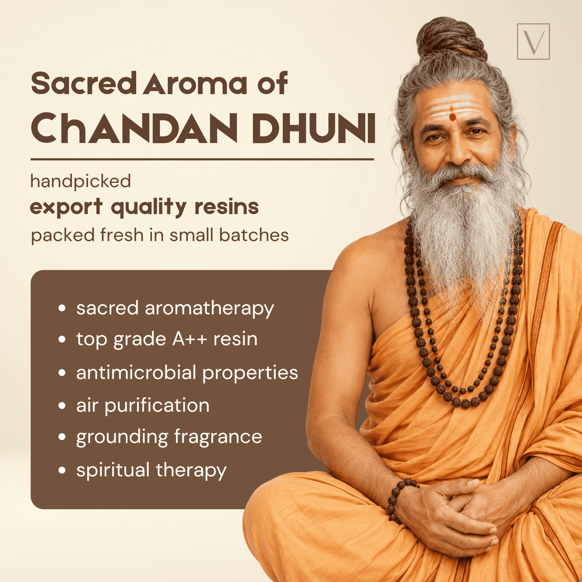 Man in orange robes with a long white beard, sitting and holding beads, with text about 'Sacred Aroma of Chandan Dhuni'.