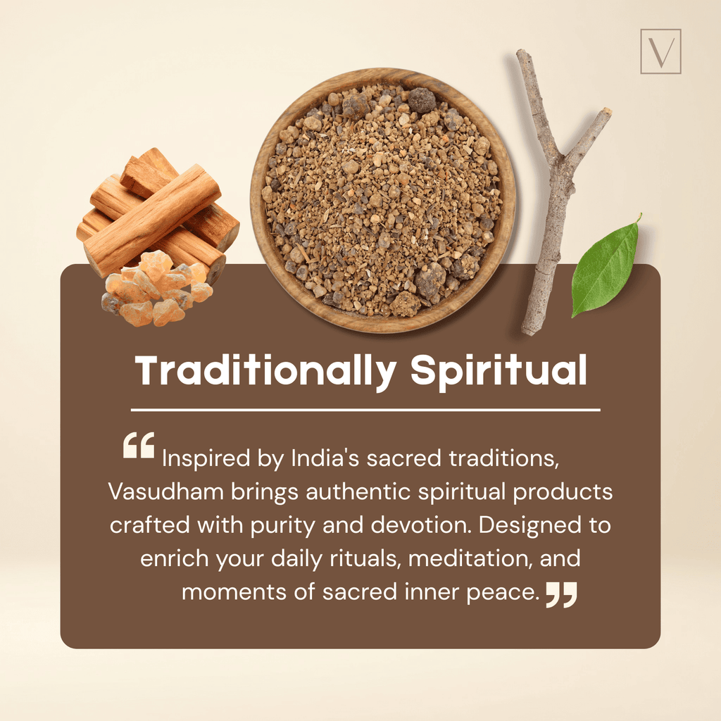 Vasudham spiritual products with text on a beige background