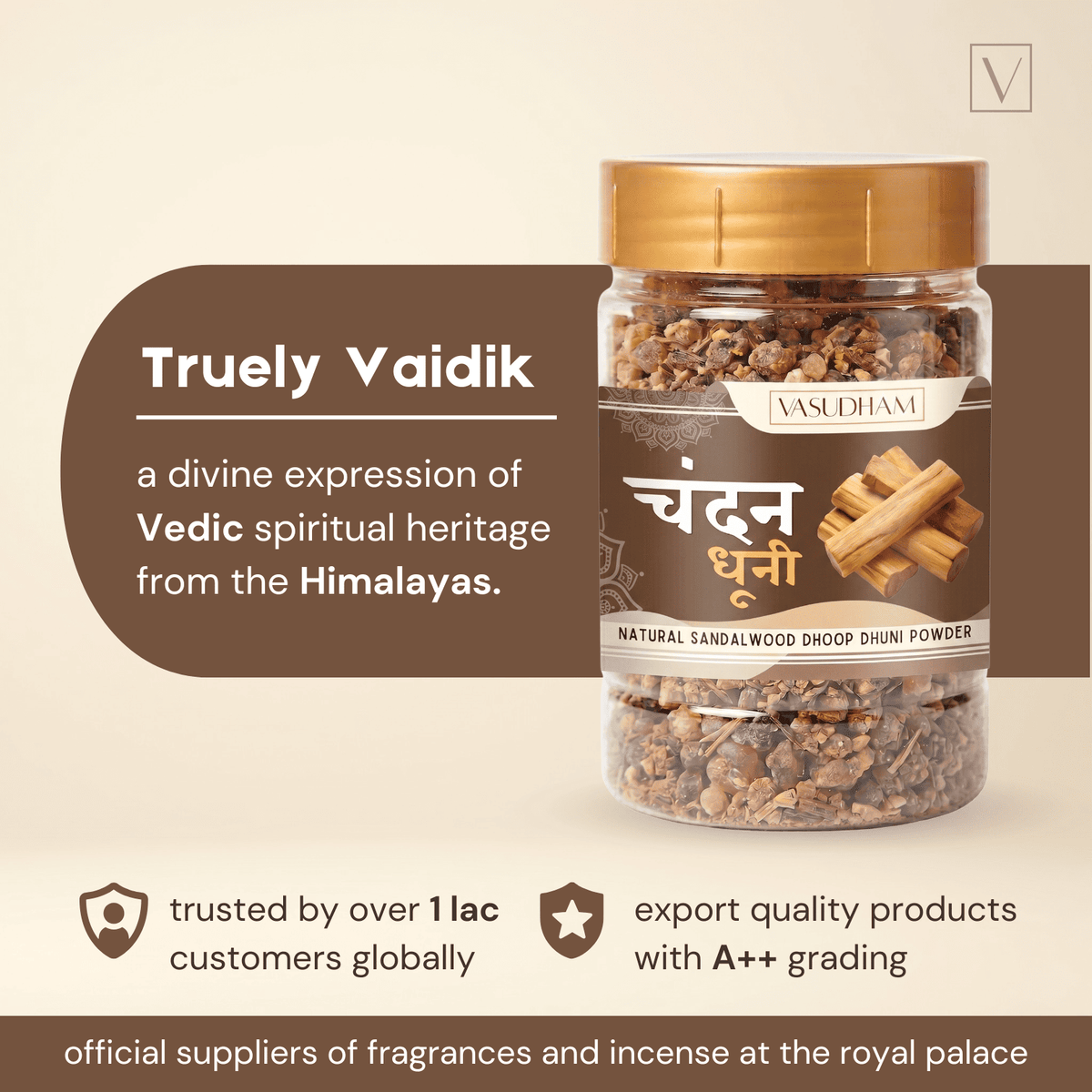 Jar of sandalwood dhoop with 'Truely Vaidik' branding on a beige background