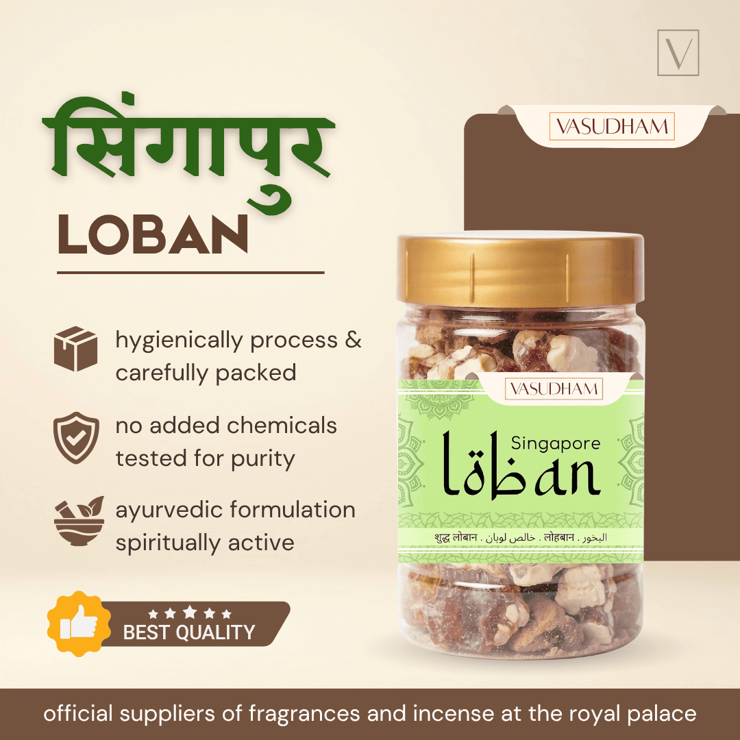 A jar of Vasudham Singapore Loban incense sticks on a beige promotional background with text highlighting hygienic packaging, purity testing, and spiritual benefits.