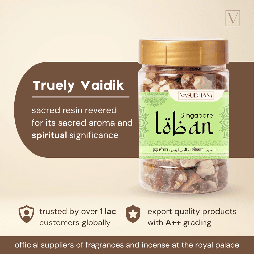 A jar of Vasudham Singapore Truely Vaidik loban with a gold lid and green label, set against a beige background with promotional text.