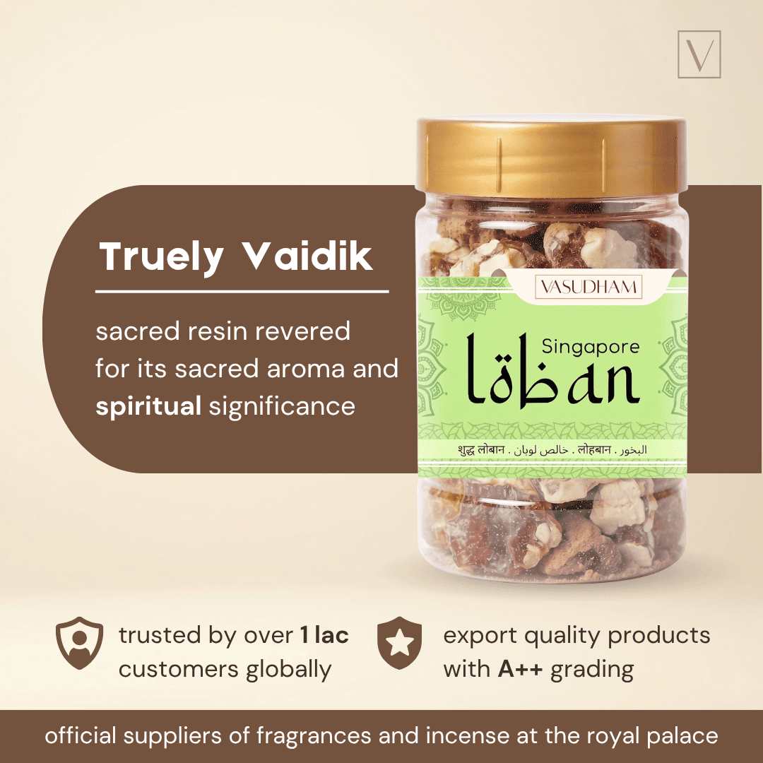 A jar of Vasudham Singapore Truely Vaidik loban with a gold lid and green label, set against a beige background with promotional text.